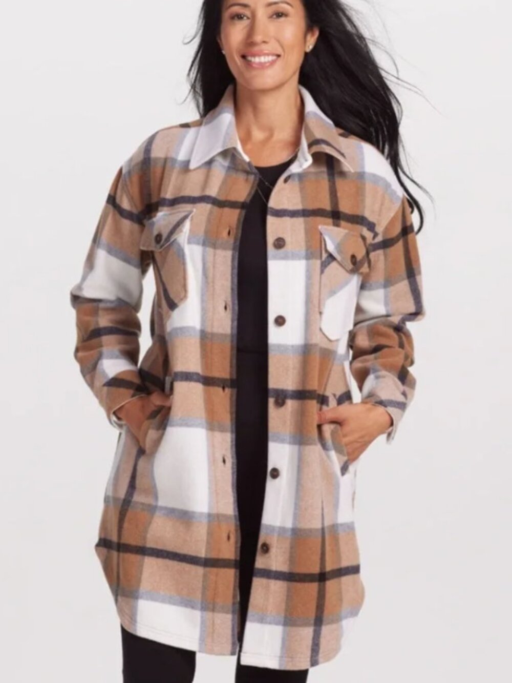 WoolX Plaid Sutton Long Shacket Merino Wool Blend Jacket Camel Plaid Size Small